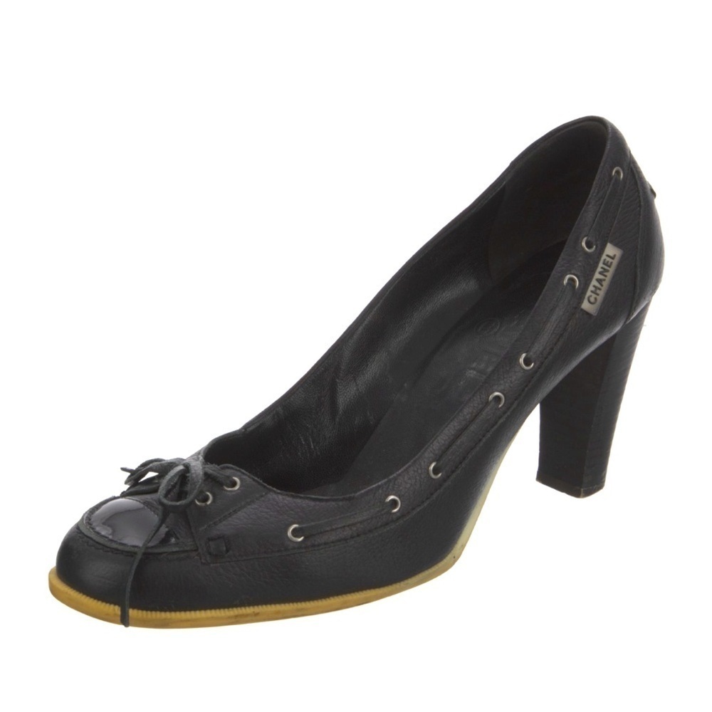 Chanel Black Leather Pumps Shoe Lace Up Sneaker Moccasin Block Heel 39 9 Vintage